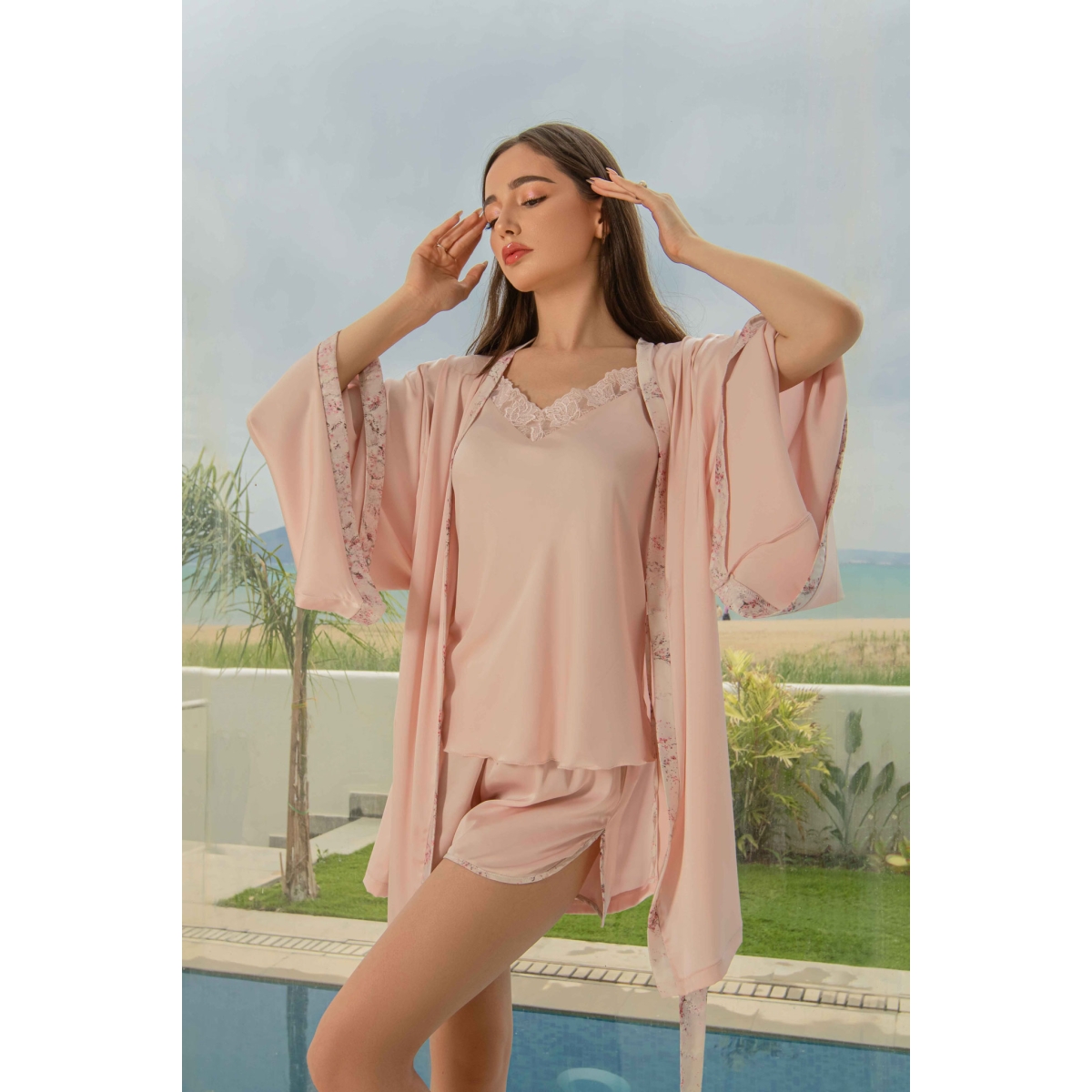 Ensemble Pyjama Femme 4 Pièces en Satin de Soie