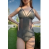 Maillot de Bain Gris Une Pièce avec Découpes en Tulle Transparent - détails