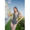 Maillot de Bain Gris Une Pièce avec Découpes en Tulle Transparent - Vue de face