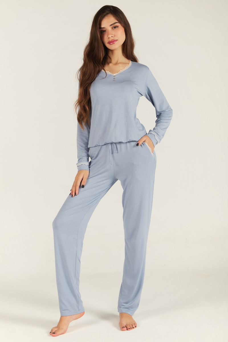 Pyjama Femme en Coton Viscose avec Dentelle - Col V, 2 Pièces