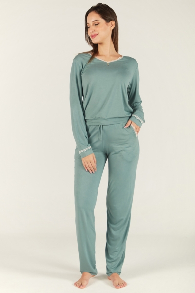 Pyjama Femme en Coton Viscose avec Dentelle - Col V, 2 Pièces