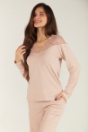 Pyjama Femme en Coton Viscose avec Dentelle Transparente - 2 Pièces