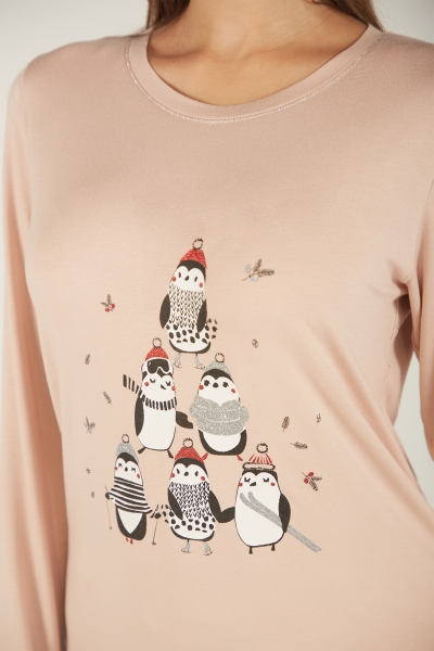 Pyjama Femme en Coton avec Pingouins - T-Shirt et Pantalon 2 Pièces