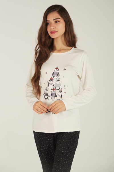 Pyjama Femme en Coton avec Pingouins - T-Shirt et Pantalon 2 Pièces