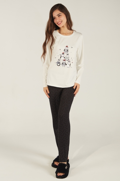 Pyjama Femme en Coton avec Pingouins - T-Shirt et Pantalon 2 Pièces