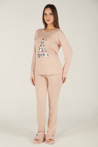 Pyjama Femme en Coton avec Pingouins - T-Shirt et Pantalon 2 Pièces