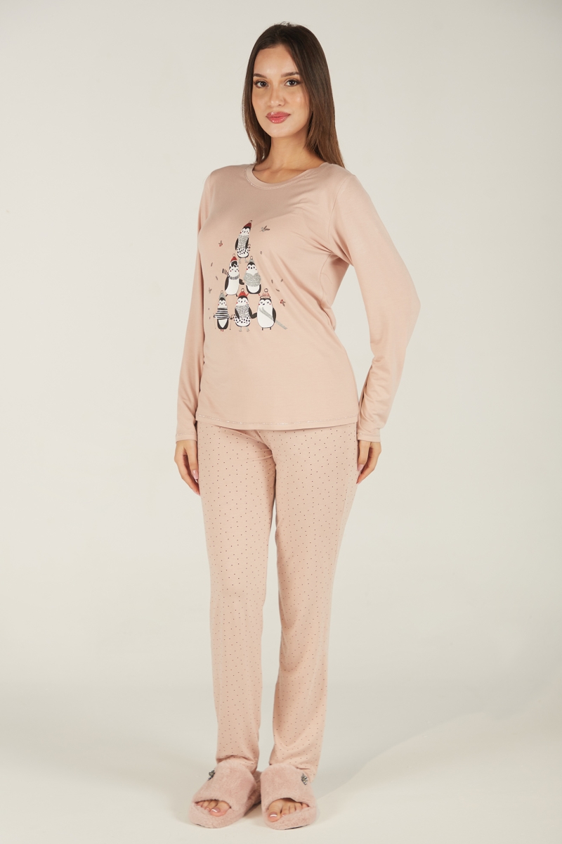 Pyjama Femme en Coton avec Pingouins - T-Shirt et Pantalon 2 Pièces