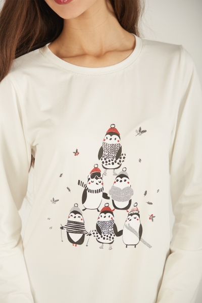 Pyjama Femme en Coton avec Pingouins - T-Shirt et Pantalon 2 Pièces