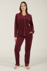 Pyjama Boyfriend Femme en Velours avec Bordures Contrastées - 2 Pièces