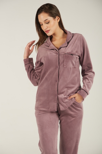 Pyjama Boyfriend Femme en Velours avec Bordures Contrastées - 2 Pièces