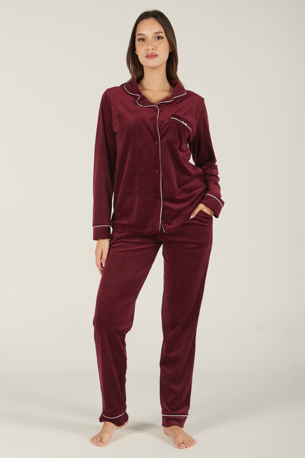 Pyjama Boyfriend Femme en Velours avec Bordures Contrastées - 2 Pièces