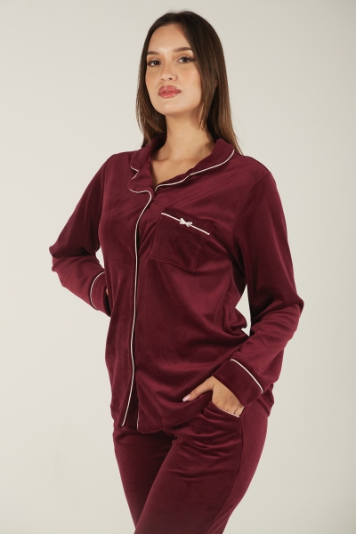 Pyjama Boyfriend Femme en Velours avec Bordures Contrastées - 2 Pièces