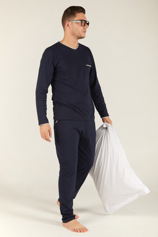 Pyjama Homme en Coton avec Bordures Contrastées - T-shirt & Pantalon